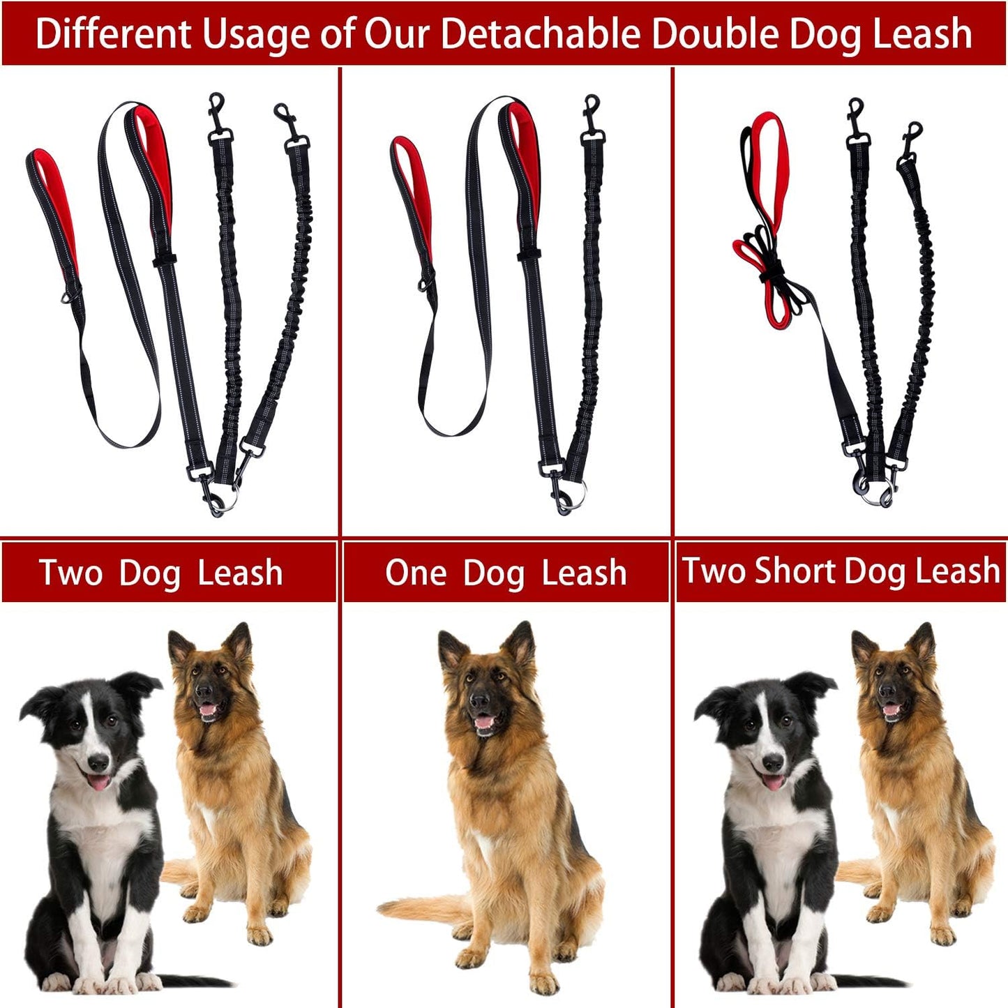 Dual Dog Leash, Double Dog Leash, 360° Swivel No Tangle Dog Walking Leash for 2 Dogs up to 200Lbs, Comfortable Adjustable Dual Padded Handles