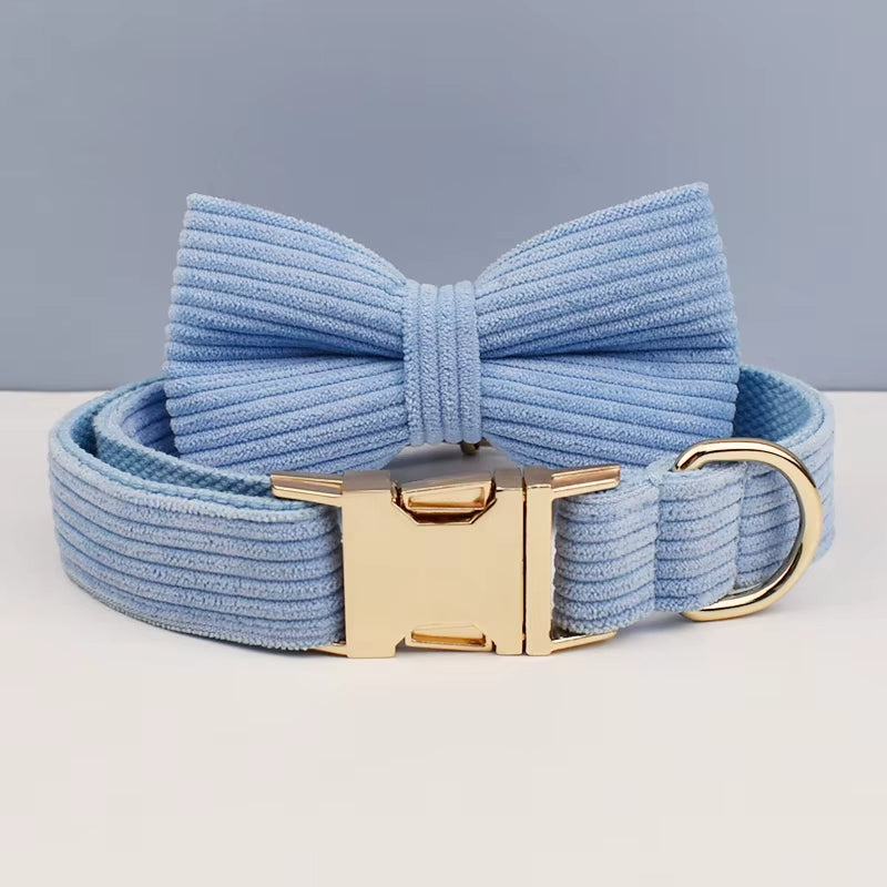 Blue Corduroy Dog Collar and Leash Set for Dogs Custom Engraved Nameplate Pet Supplies Dog Leash Corduroy08